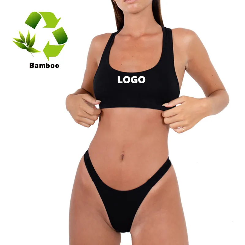 Ecogarment Bamboo Women Bra And Panties Custom Logo Knit Letter Size Bra Set Sexy Woman sport bra And Panty Sets