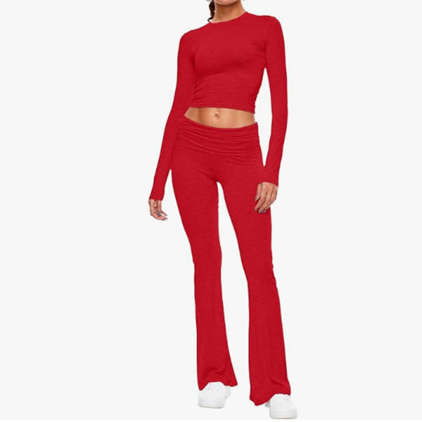 OEM Four-Way Stretch Eco-Friendly Breathable Sweat-Wicking Slim Long Sleeve Crop Top Yoga Flared Pants Fitness 2pcs Sports Suits