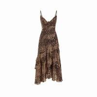 Robe longue moulante pour femme à imprimé léopard, bretelles spaghetti, sans manches, ourlet à volants, en maille, pour soirée