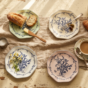 Juego de <span class=keywords><strong>Vajilla</strong></span> de Porcelana con Calcomanías Florales Azules Vintage, Platos Octagonales Festoneados de Cerámica, Tazones, <span class=keywords><strong>Vajilla</strong></span> en Color Crema y Verde Salvia para Cafeterí<span class=keywords><strong>a</strong></span> - Product Image 2
