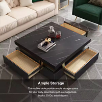 Table basse carrée moderne de luxe en pierre frittée avec piètement en acier inoxydable doré, tables de salon avec rangement pour le thé