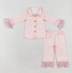 High Quality Children Faux Fur Cuff Sleepwear Set Kids Collared Button Front Top And Long Pants Pajamas - Product Image 6