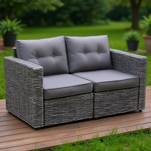Ensemble de canapés en rotin d'extérieur avec coussins gris en mousse haute densité, mobilier de jardin contemporain - Product Image 2