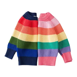 New Arrival High Quality Oem Spring Kids Rainbow Color Striped Long Sleeves Crew Neck Knitted Pullover Sweater