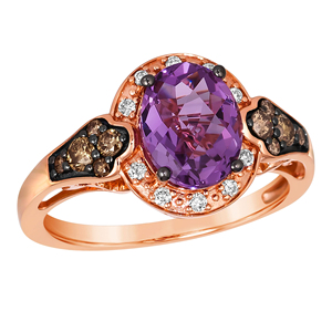 Anillo SGARIT de 0.35 quilates con diamantes blancos y chocolate, banda de oro rosa de 14k para mujer, con gema de zafiro púrpura ovalada de 1.75 quilates. - Product Image 1