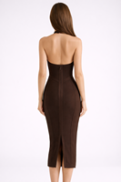 Robe Midi Moulante Marron Personnalisée OEM SHENGFU à Col Halter et Décolleté Plongeant, Sans Manches, Élégante pour Soirées et Cérémonies, Vêtement de Créateur pour Femme