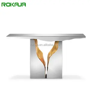 Роскошный глянцевый металлический полированный стол из нержавеющей стали, приставка для вестибюля отеля, боковой стол для прихожей, современный белый золотой входной стол