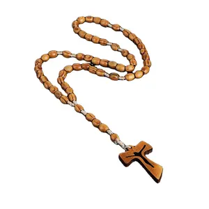 2022 New Wooden Beads Hollow Cross Pendant Necklace For Women Men Catholic Christ Religious Jesus Rosary Jewelry Gift