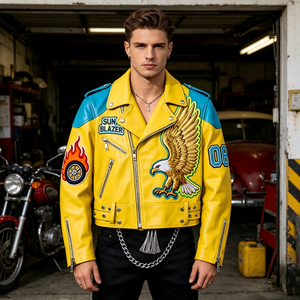 Chaqueta <span class=keywords><strong>de</strong></span> Motociclista <span class=keywords><strong>de</strong></span> <span class=keywords><strong>Cuero</strong></span> Clásica <span class=keywords><strong>de</strong></span> Moda Vintage <span class=keywords><strong>de</strong></span> Color Amarillo con Diseño Personalizado, Parche con Logotipo OEM, Chaqueta Bomber <span class=keywords><strong>de</strong></span> <span class=keywords><strong>Cuero</strong></span> <span class=keywords><strong>para</strong></span> Hombre - Product Image 4