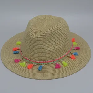Cappelli di paglia da spiaggia estivi con decorazione con frange colorate cappelli Fedora personalizzati con Design di marca da donna con corda con frange