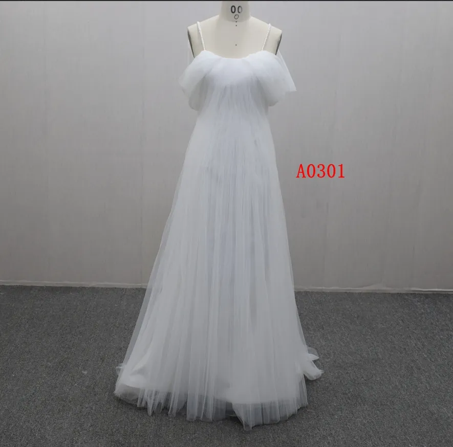 beading Spaghetti Straps off shoulder soft tulle A line no sleeves backless no Lace plain Bridal Gown Ivory wedding dress