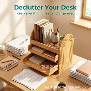Organizador de oficina de madera, caja de almacenamiento de escritorio multicapa para documentos, estante para libros con cajón y soporte para bolígrafos, rectangular, vertical - Product Image 4