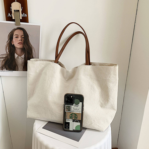 Bulk solid color sublimation canvas handbag button closure <b>large</b> capacity shoulder <b>bag</b> women's shopping <b>bag</b> - Product Image 5