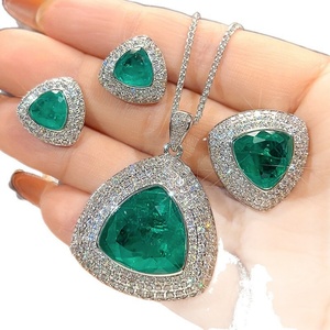 High Quality Eco-friendly Copper Triangle Cut 17*17mm & 12*12mm Green Zircon Necklace Earrings Ring Set Geometric Jewelry Set Tu - Product Image 2