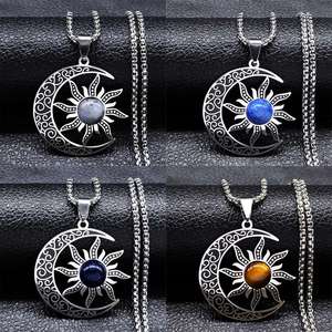 JOYA CADEAU Offre Spéciale Rétro Collier en Acier Inoxydable Croissant de Lune Soleil Pierre Lapis Lazuli Naturelle Pendentif Chaîne Métallique Collier Cadeau <span class=keywords><strong>Sel</strong></span> - Product Image 6