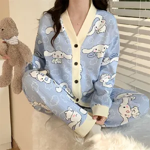 long sleeve nightgown cotton knitted pajamas sets 4XL plus size women pijamas mujer bamboo woman printed Women's Sleepwear