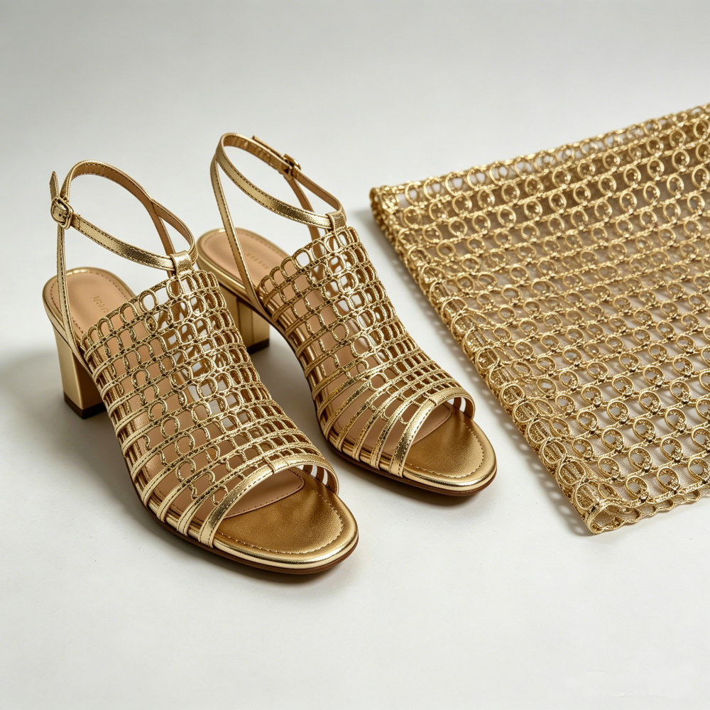 Wholesale High Quality Circle Pattern Metallic PU Strip Woven Fabric Hollow Out Material for Sandals
