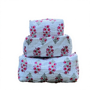 Handmade Cotton Quilted Makeup Bag Large Block Printed Toiletry Organizer Accessory Portable Cosmetic Pouch Bag - Product Image 1