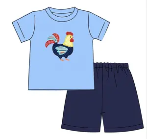 Hot Selling Animals Applique Short Set Boutique Boy Clothes Knit Cotton Kids Summer Boutique Outfit Chicken Smocked Clothing