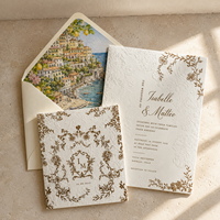 Suite d'invitations de mariage de luxe personnalisées avec estampage doré, pochette, sceau de cire, ruban et doublure d'enveloppe imprimée