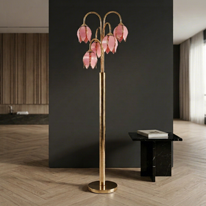 Lámpara de Pie Botánica Moderna con Pantallas de Vidrio Tintado en Rosa y Base Dorada Electrochapada - Product Image 1