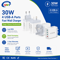 Vente d'usine - Chargeur mural multi-ports rapide 30W 4 ports PD QC3.0 Type-C USB, adaptateur secteur personnalisé avec prise UK/AU, chargeur de voyage portable
