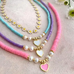 Soft Clay Necklace for Women Girls Bohemia Pearl Necklace Enamel Heart Pendant Necklaces Jewelry Accessory