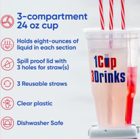 Première tasse à boisson réutilisable à 3 compartiments au monde avec 3 pailles pour boissons chaudes et froides