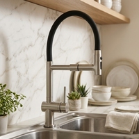 Robinet de cuisine monocommande en acier inoxydable antique avec cartouche céramique, à monter sur plan, avec douchette extractible