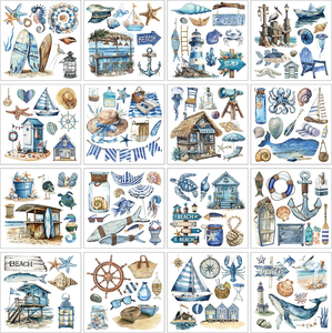 Transferencias al por mayor para manualidades, 16 hojas de calcomanías vintage de acuarela, diseños de océano azul, pegatinas UV DTF - Product Image 1