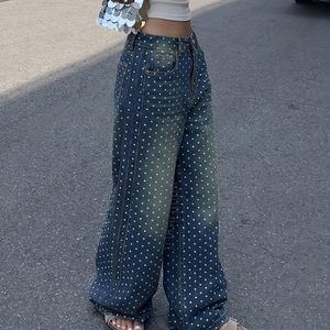 Jean droit à pois pour femme style streetwear, <span class=keywords><strong>taille</strong></span> mi-haute, coupe ample, tendance 2026 - Product Image 2