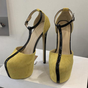 Zapatos de tacón alto y fino con plataforma gruesa y correa en T para mujer, sandalias de fiesta sexy con hebilla en el tobillo, de gamuza amarilla para bailarinas de club - Product Image 5