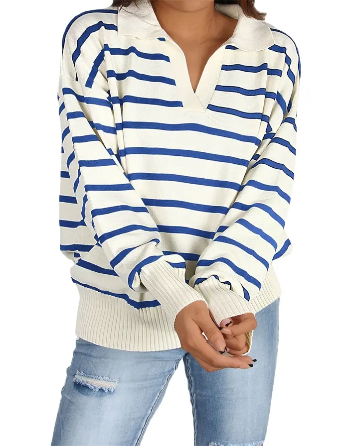 New arrival womens fall clothing v neck stripe women's sweaters long sleeve knit women sweater