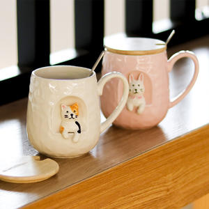 Tasse en céramique créative 3D avec couvercle et cuillère, motif animal de dessin animé (Panda, Chien Shiba), mignonne, pour le petit-déjeuner des enfants, tasses à thé et soucoupes - Product Image 3