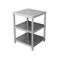 Estante de almacenamiento de cocina de acero inoxidable con tres niveles de estanterías para artículos diversos y platos.