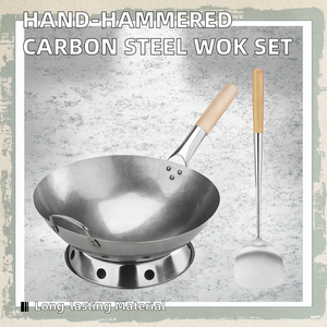 Juego de <span class=keywords><strong>Wok</strong></span> Antiadherente de Acero al Carbono de Grado Comercial, 18L, Ecológico, Martillado a Mano, con Mango de Madera y Acero, Anillo para <span class=keywords><strong>Wok</strong></span>, Espátula, para Gas - Product Image 2