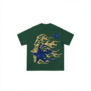 Men's Green T-<b>Shirt</b> With Blue <b>Star</b> And Gold Flame Glitter Print Short Sleeve O-Neck Casual Jersey Fit - Product Image 1