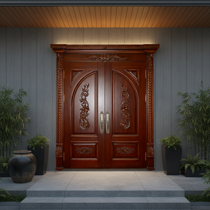 ราคาโรงงานบินบิน ประตูไม้จริงแบบสองบานสำหรับวิลล่า ประตูทางเข้าหลัก สไตล์ดั้งเดิม ทาสีอบแบบอีโค่ด้วยน้ำ  ขนาดและสีตามสั่ง ออกแบบได้ - Product Image 4