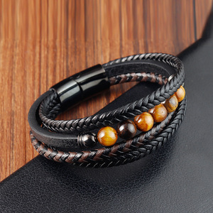 Bracelet en cuir véritable multi-couches avec perles en pierres semi-précieuses et fermoir magnétique en acier inoxydable 316L pour homme - Product Image 4