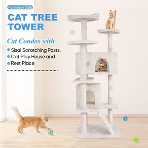 Tongkat goresan kucing 54in Beige pohon kucing Multi-level tahan lama menggaruk Post nyaman Platform Kondominium menyenangkan bermain rumah untuk kucing dalam ruangan - Product Image 3