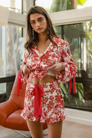 Ensemble de pyjama court pour femmes, imprimé floral rose rouge, col à revers, poignets à nouer, manches longues, deux pièces, volants, vêtements de détente, grande taille, vêtements de nuit pour femmes