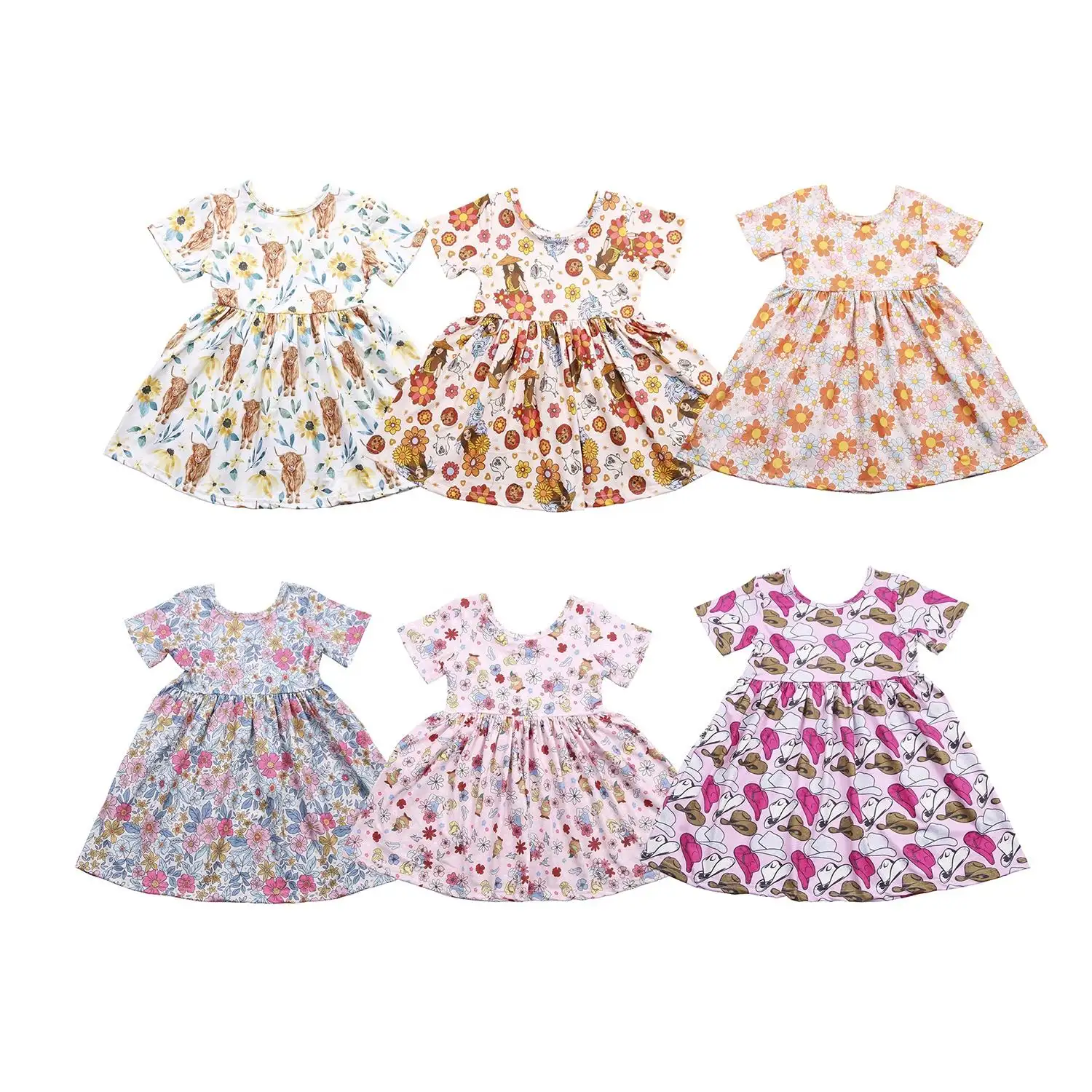 Toplu satış bebek kız giysileri kısa kollu elbise toptan yaz çiçek giysileri kızlar çarpıntı elbiseler