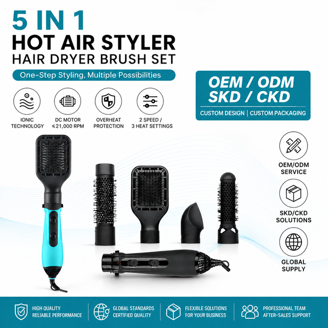 Private Label 1200W 6 in 1 Electric Hair Dryer Hot Air Brush Hair Multi-styler Ionic Feature Concentrator Nozzle Comb
