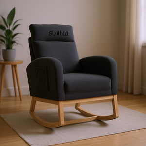 Silla mecedora moderna Db, tapizada en gris oscuro, con estructura de madera maciza, para sala de estar u oficina en casa. - Product Image 2