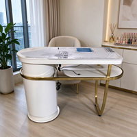 Table de manucure avec cadre doré et aspirateur de poussière, bureau de salon de manucure blanc crème avec armoire de rangement, étagère latérale en verre, station de nail art
