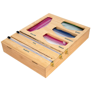 2 in 1 Bamboo Wood Ziplock Bag Storage and Foil Organizer, Plastic Wrap Dispenser with Cutter for Kitchen Drawer