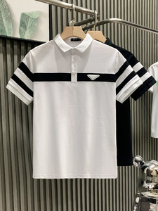 Kemeja <span class=keywords><strong>Polo</strong></span> Lengan Pendek Pria Ringan dan Berkerah Lipat Garis-garis Hitam Putih Merek Fashion Populer di Internet - Product Image 1
