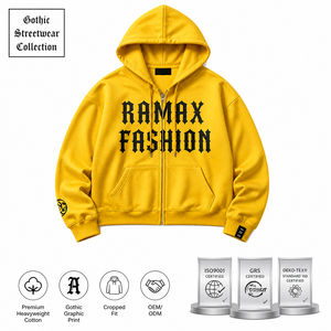 เสื้อฮู้ดซิป RAMAX FASHION ทรงครอปพิมพ์ลายโกธิค สีเหลือง ผ้าฝ้าย สำหรับผู้ชาย สไตล์สตรีทแวร์ฤดูใบไม้ร่วง ODM - Product Image 1