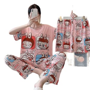 Ensemble de pyjama trois pièces pour femmes Yicheng, épaules dénudées, dessins animés, manches courtes, shorts, vêtements de maison, vêtements de nuit d'été pour femmes - Product Image 5