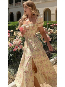 Robe midi florale pour femme, col carré, manches courtes bouffantes, fente latérale, coupe trapèze, décontractée, romantique, pour le bureau - Product Image 5